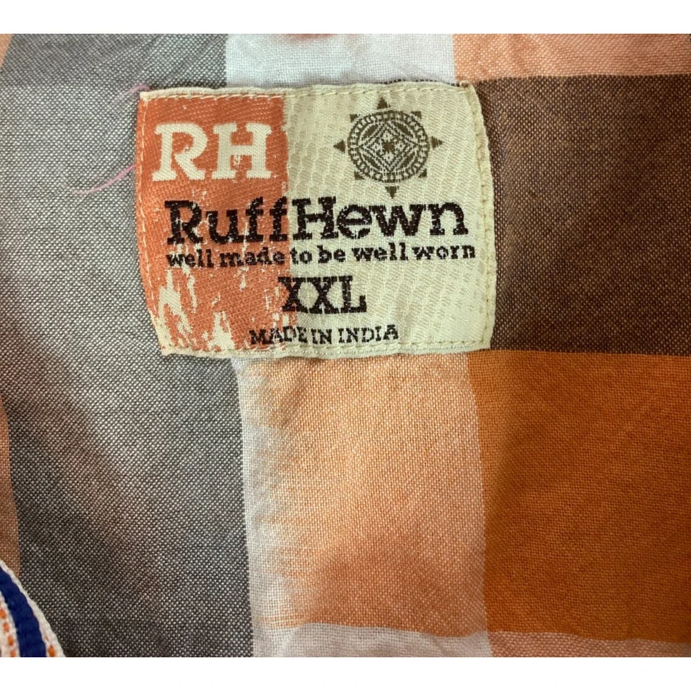 RuffHewn‎ RH Mens Shirt XXL Orange Plaid Button Short Sleeves Pockets